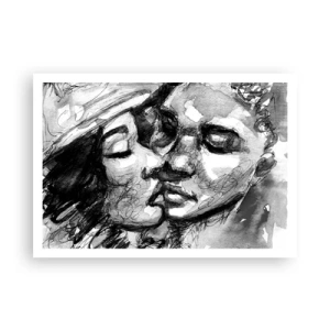 Poster - Un acquerello in bianco e nero che raffigura un momento intimo tra due persone. - 100x70cm - Un attimo di tenerezza - Decorazione murale moderna per soggiorno e camera da letto ARTTOR