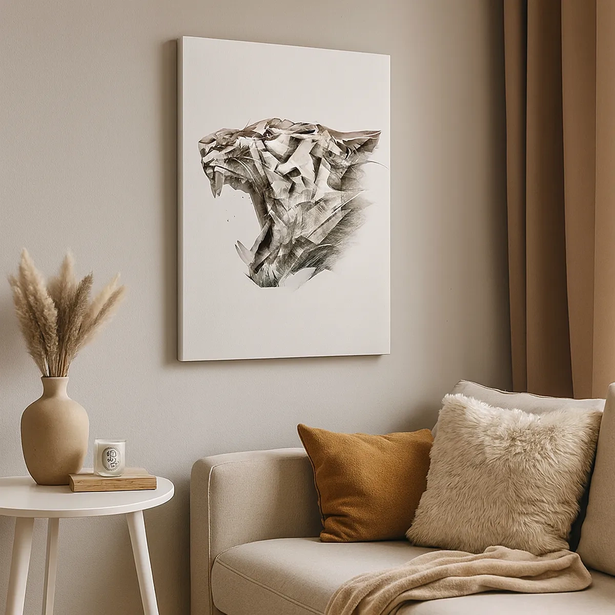Quadro su tela - Stampe su Tela - Immagine astratta di una tigre nei toni del beige - 50x70cm - Sai chi comanda - Decorazione murale moderna per soggiorno e camera da letto ARTTOR