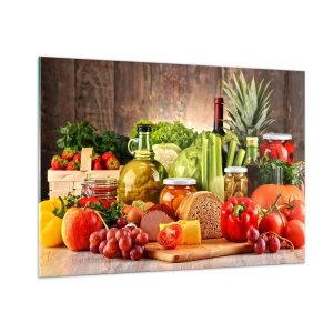 Quadro su vetro - Verdure colorate, frutta, pane e conserve su uno sfondo di legno - 100x70cm - Affumicati, arrostiti, marinati - Decorazione murale moderna per soggiorno e camera da letto ARTTOR