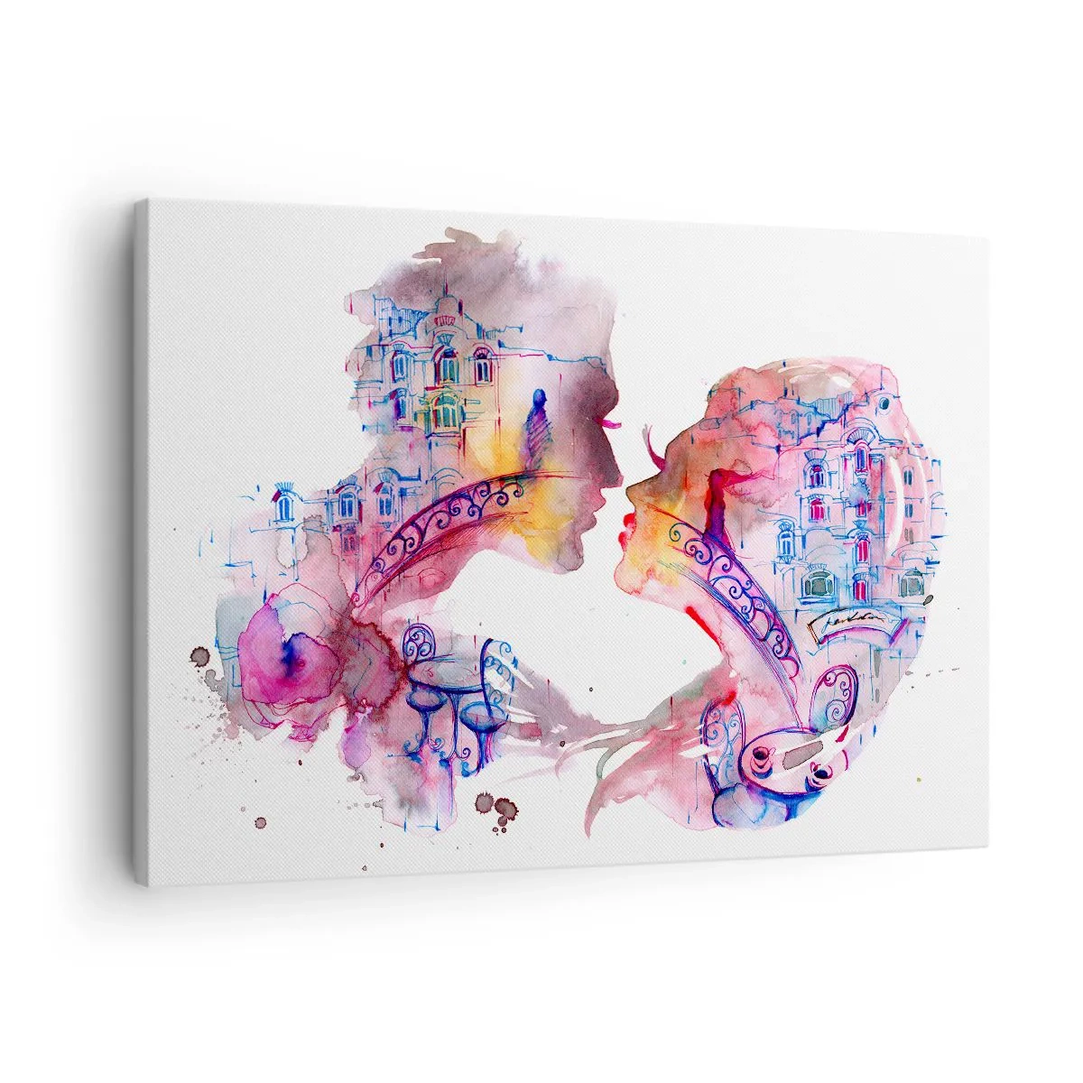 Quadro su tela - Stampe su Tela - Un acquerello romantico che raffigura le sagome degli innamorati - 70x50cm - Misterioso ponte dei sospiri - Decorazione murale moderna per soggiorno e camera da letto ARTTOR