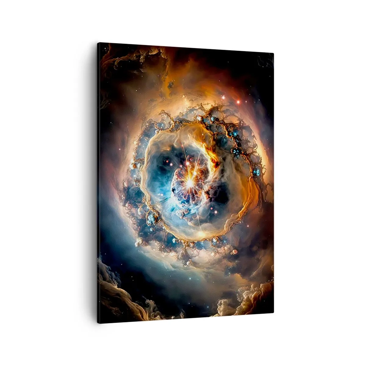 Quadro su tela - Stampe su Tela - Una visione astratta di un'esplosione cosmica nei toni dell'oro e del blu. - 50x70cm - L'inizio - Decorazione murale moderna per soggiorno e camera da letto ARTTOR