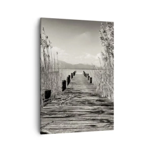 Quadro su tela - Stampe su Tela - Un molo di legno tra l'erba alta sopra un lago color seppia - 50x70cm - Nel silenzio dell'erba - Decorazione murale moderna per soggiorno e camera da letto ARTTOR