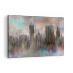 Quadro su tela - Stampe su Tela - Una visione artistica di un paesaggio urbano con grattacieli dai colori pastello. - 100x70cm - Composizione con acciaio, pietra e nebbia - Decorazione murale moderna per soggiorno e camera da letto ARTTOR