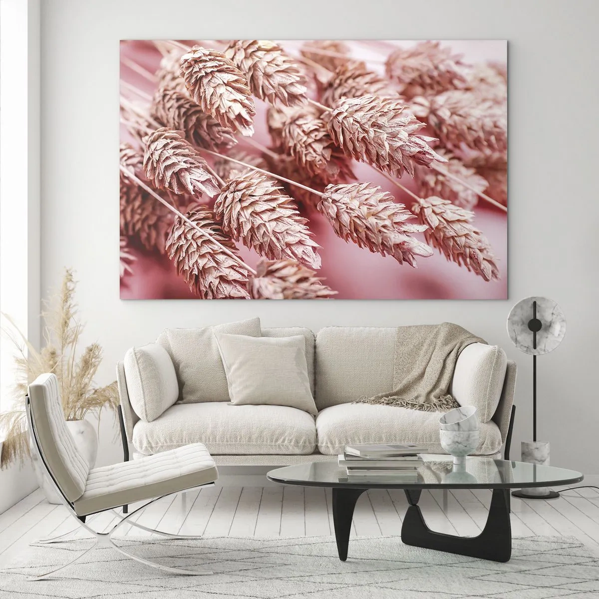 Quadro su vetro - Spighe di mais secche nei toni del rosa su sfondo pastello - 70x50cm - Cascata di fiori in rosa - Decorazione murale moderna per soggiorno e camera da letto ARTTOR
