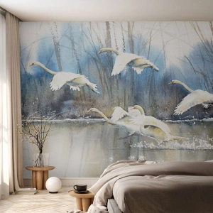 Fotomurali Premium Canvas - Cigni in volo sopra un lago ghiacciato in un paesaggio invernale - 100x70cm - Come la favola dei cigni selvatici - Decorazione murale moderna per soggiorno e camera da letto ARTTOR