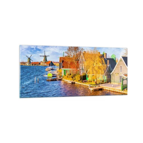 Quadro su vetro - Case pittoresche e mulini a vento in riva all'acqua - 120x50cm - Da secoli immutabile - Decorazione murale moderna per soggiorno e camera da letto ARTTOR