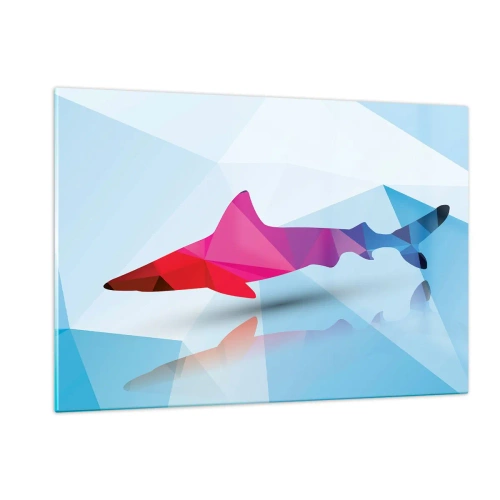 Quadro su vetro - Squalo geometrico nei toni del rosso e del blu - 120x80cm - Squalo nello spazio di cristallo - Decorazione murale moderna per soggiorno e camera da letto ARTTOR