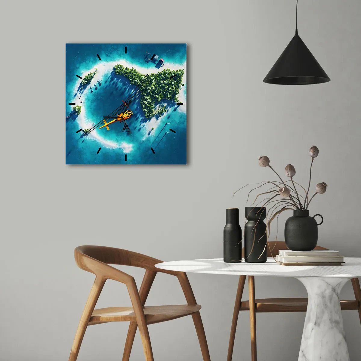 Orologio da parete - Orologio in Vetro - Un'isola tropicale circondata da acque turchesi con un elicottero in vista - 30x30cm - Comprati un'isola - Decorazione murale moderna per soggiorno e camera da letto ARTTOR