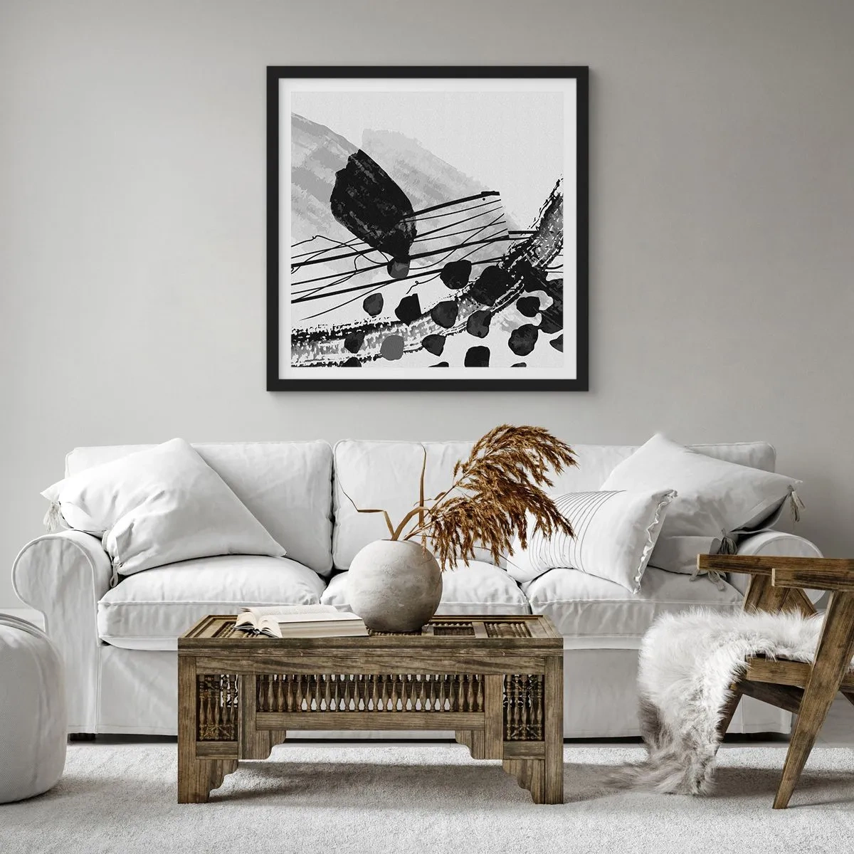 Poster in cornice nera - Astrazione organica in bianco e nero - 30x30 cm