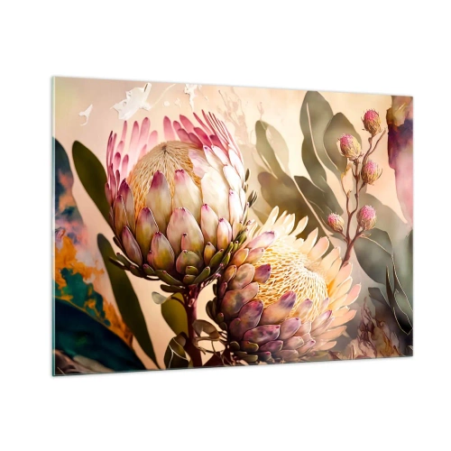 Quadro su vetro - Fiori di protea in toni caldi e luce soffusa - 100x70cm - Tenero abbraccio - Decorazione murale moderna per soggiorno e camera da letto ARTTOR