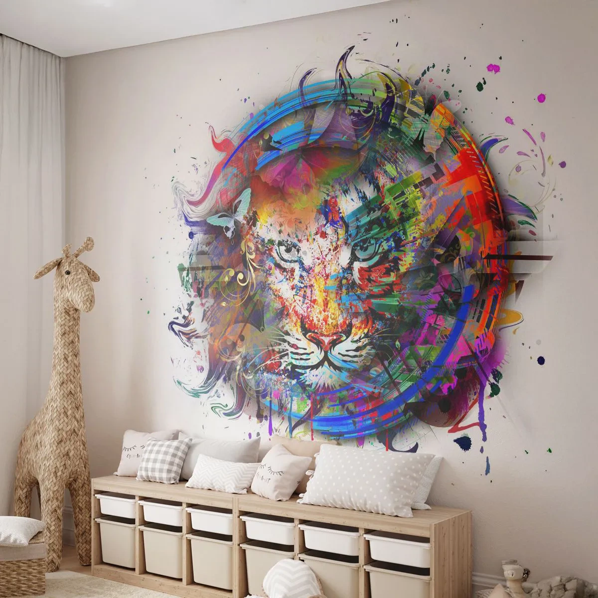 Fotomurali Premium Canvas - Si nasconde dietro un velo arcobaleno - Astrazione, Tigre, Grafica - 250x175 cm