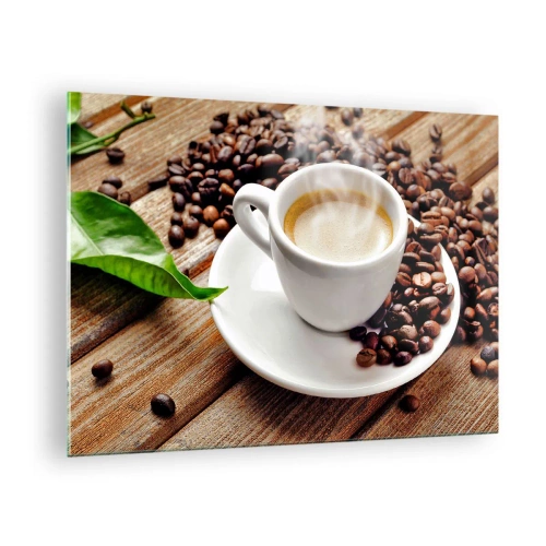 Quadro su vetro - Una tazza di caffè circondata da chicchi su un tavolo di legno - 70x50cm - Il caffè è pronto - Decorazione murale moderna per soggiorno e camera da letto ARTTOR