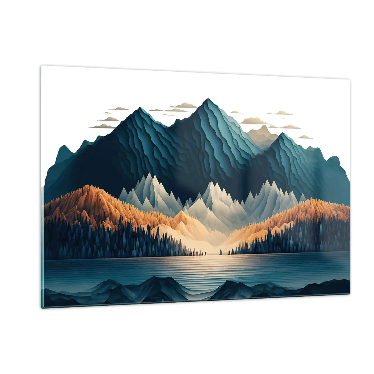 Quadro su vetro - Paesaggio montano stilizzato con una foresta e un lago - 120x80cm - Perfetto paesaggio montano - Decorazione murale moderna per soggiorno e camera da letto ARTTOR
