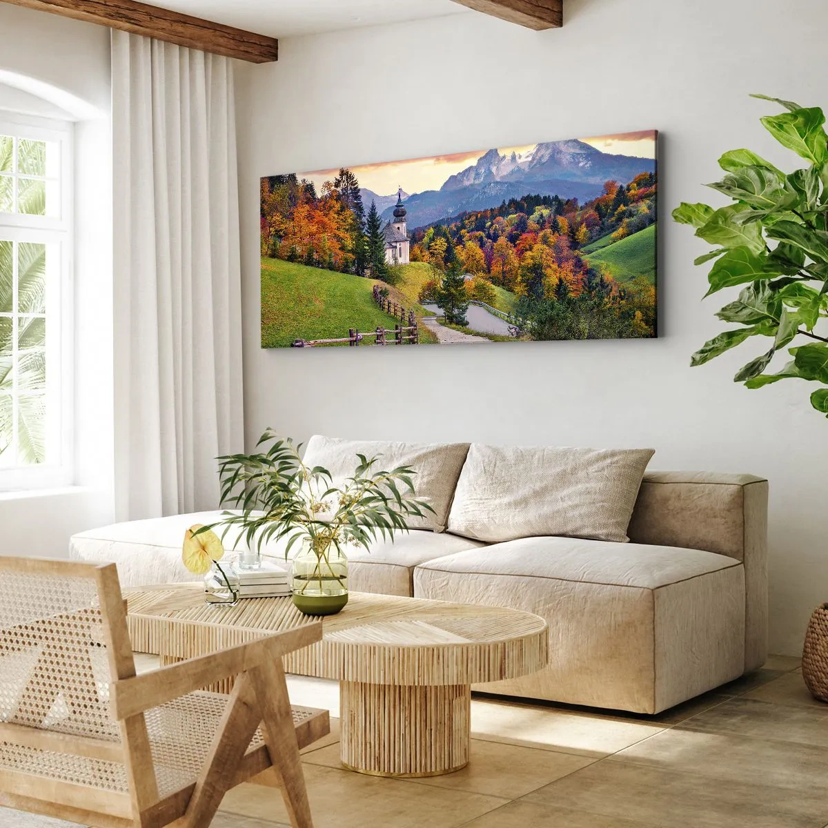 Quadro su tela - Stampe su Tela - Paesaggio montano autunnale con cappella e tramonto - 120x50cm - Un paesaggio come dipinto - Decorazione murale moderna per soggiorno e camera da letto ARTTOR