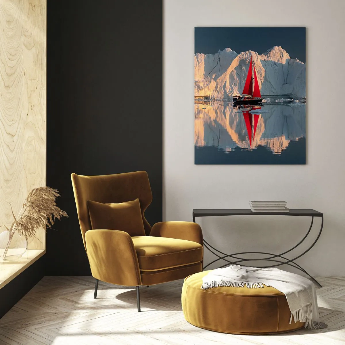 Quadro su vetro - Una barca a vela con una vela rossa sullo sfondo di un ghiacciaio - 70x100cm - Ai confini del mondo - Decorazione murale moderna per soggiorno e camera da letto ARTTOR