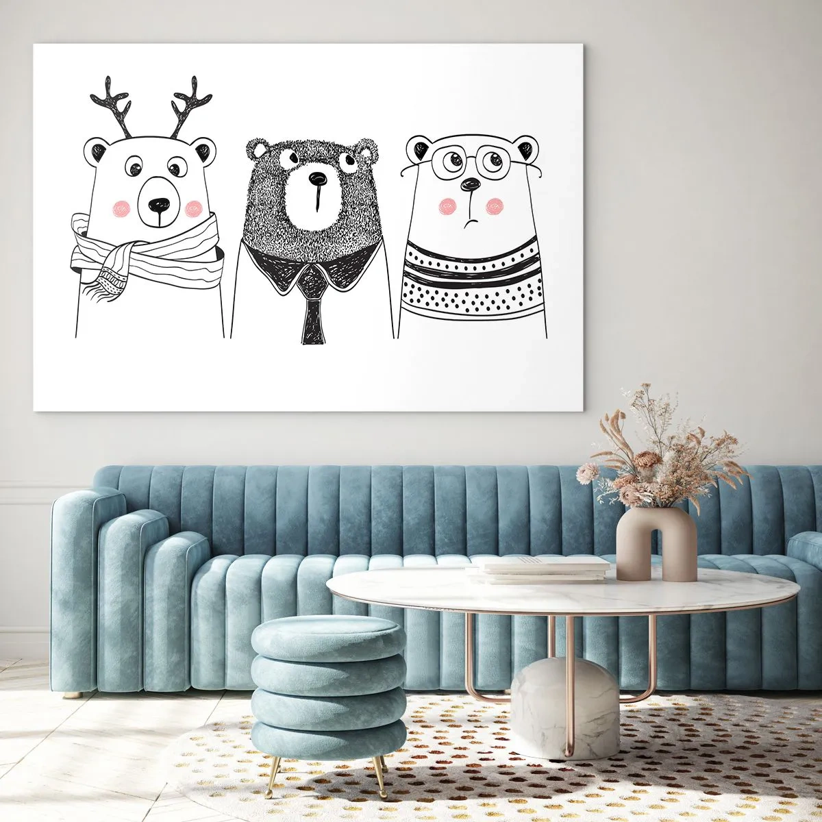 Quadro su vetro - Tre orsi divertenti in un'illustrazione in bianco e nero - 70x50cm - Orso, orsetto e orsino - Decorazione murale moderna per soggiorno e camera da letto ARTTOR