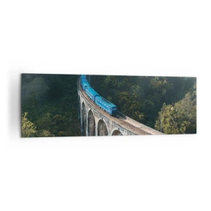 Quadro su tela - Stampe su Tela - Un treno blu su un viadotto storico tra le foreste - 160x50cm - Attrazione della natura - Decorazione murale moderna per soggiorno e camera da letto ARTTOR