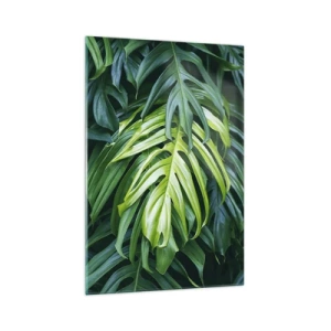 Quadro su vetro - Foglie verdi in una fitta disposizione tropicale - 70x100cm - Immergersi nella freschezza - Decorazione murale moderna per soggiorno e camera da letto ARTTOR
