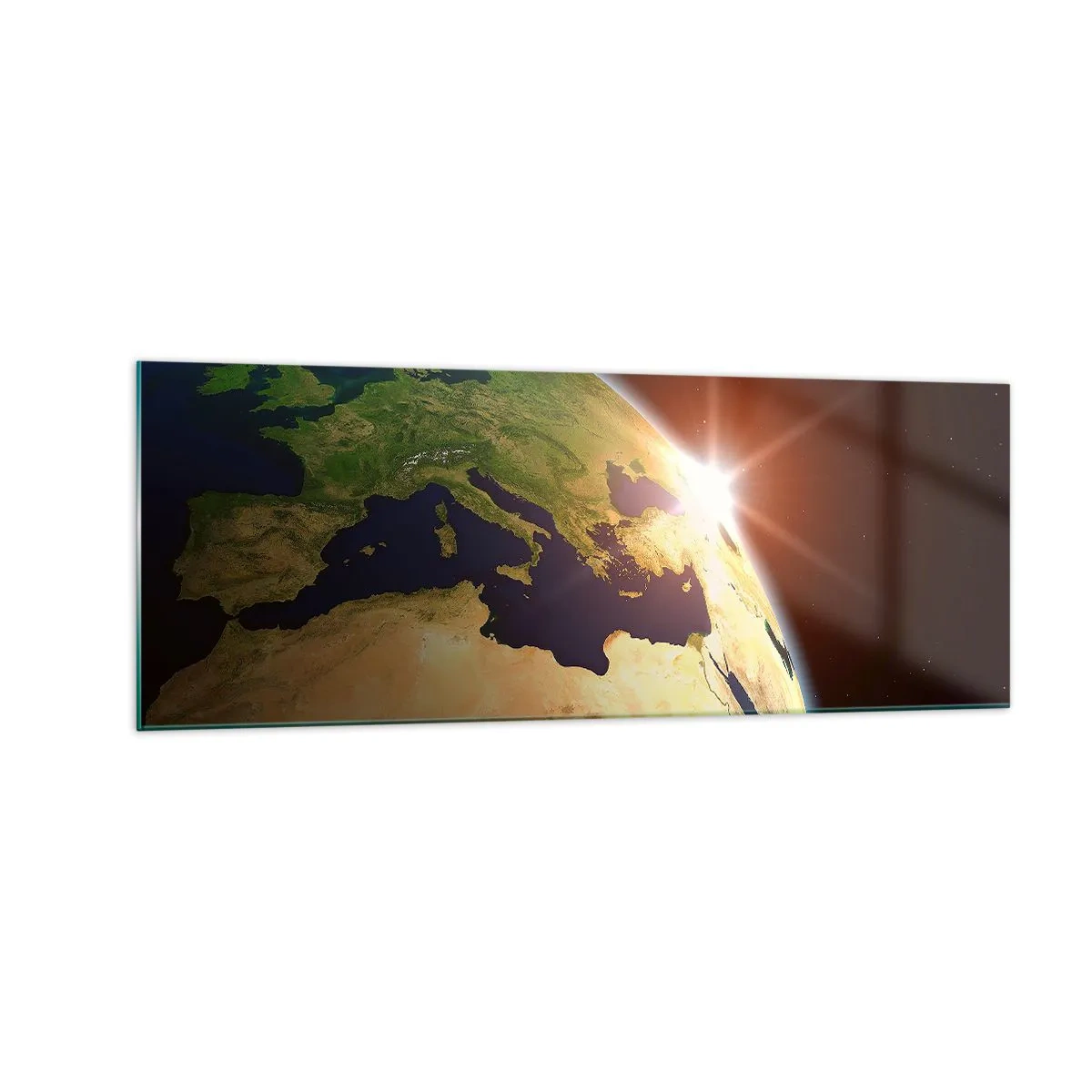 Quadro su vetro - Vista della Terra dallo spazio con i raggi del sole all'orizzonte - 140x50cm - Il sorgere del sole - Decorazione murale moderna per soggiorno e camera da letto ARTTOR