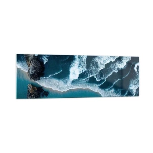Quadro su vetro - Vista aerea delle onde che si infrangono sulla riva - 160x50cm - Avvolte dalle onde - Decorazione murale moderna per soggiorno e camera da letto ARTTOR
