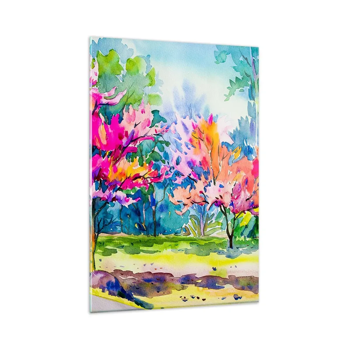 Quadro su vetro - Alberi colorati in un parco in stile acquerello - 80x120cm - Giardino multicolore nella luce della primavera - Decorazione murale moderna per soggiorno e camera da letto ARTTOR