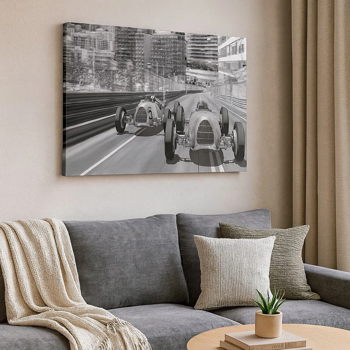 Quadro su tela - Stampe su Tela - Scena di gara automobilistica retrò monocromatica - 70x50cm - Tanto tempo fa a Montecarlo - Decorazione murale moderna per soggiorno e camera da letto ARTTOR
