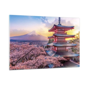 Quadro su vetro - Una pagoda in un paesaggio giapponese con vista sul Monte Fuji e sugli alberi in fiore - 120x80cm - L'essenza dell'anima giapponese - Decorazione murale moderna per soggiorno e camera da letto ARTTOR