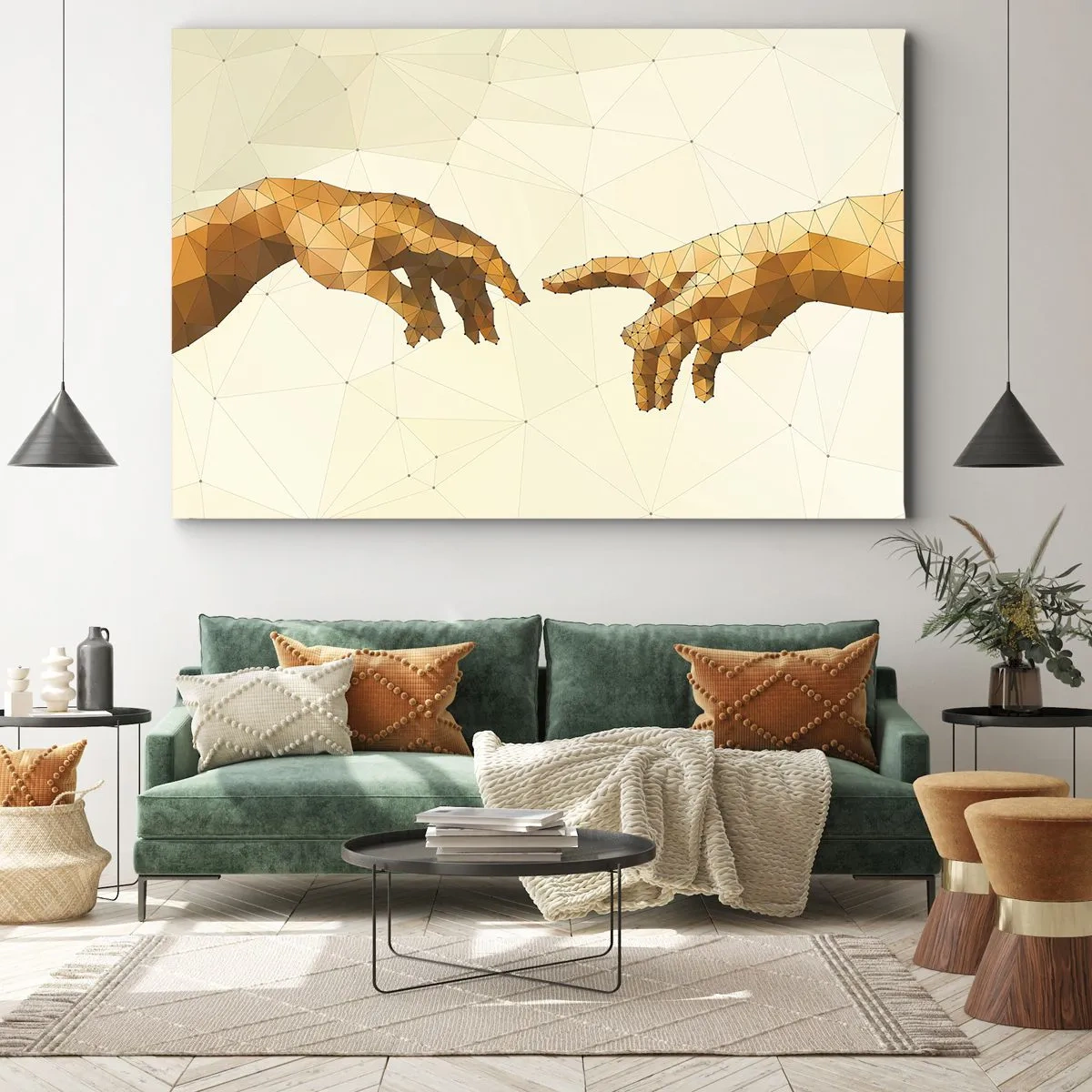 Quadro su tela - Stampe su Tela - Mani geometriche che si protendono l'una verso l'altra su uno sfondo chiaro - 100x70cm - Geometria divina - Decorazione murale moderna per soggiorno e camera da letto ARTTOR