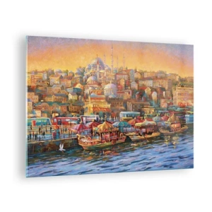 Quadro su vetro - Un porto colorato con barche e un panorama della città al tramonto - 70x50cm - Racconto da Istanbul - Decorazione murale moderna per soggiorno e camera da letto ARTTOR