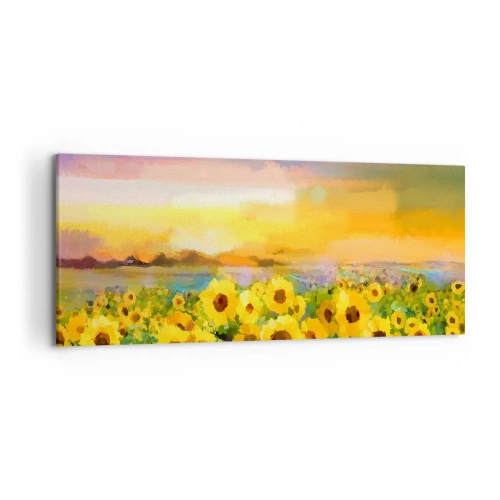 Quadro su tela - Stampe su Tela - Un campo di girasoli alla luce del sole al tramonto - 120x50cm - Il sole è sceso sulla terra - Decorazione murale moderna per soggiorno e camera da letto ARTTOR