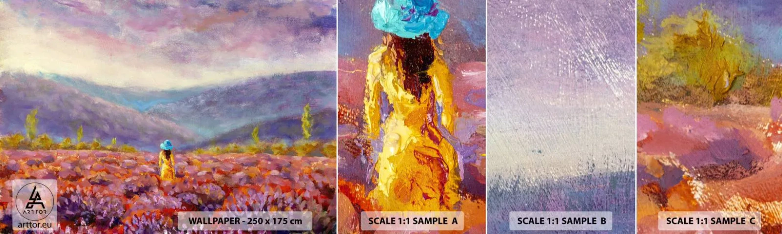 Campione Di Fotomurale Standard Eco - Nel mondo di lavanda - Paesaggio, Donna, Campo di lavanda - 100x30 cm