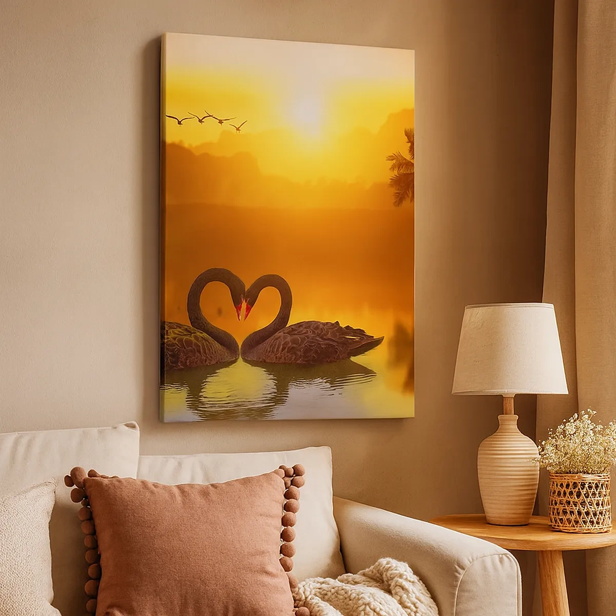 Quadro su tela - Stampe su Tela - Due cigni neri formano un cuore sullo sfondo di un tramonto sul lago - 50x70cm - Tutto in coppia - Decorazione murale moderna per soggiorno e camera da letto ARTTOR