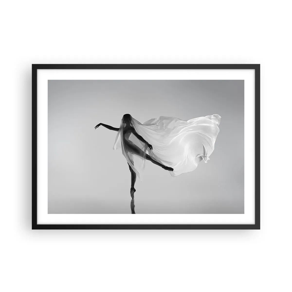 Poster in cornice nera - Una ballerina in una posa eterea con tessuto fluido - 70x50cm - Leggerezza ed eleganza - Decorazione murale moderna per soggiorno e camera da letto ARTTOR