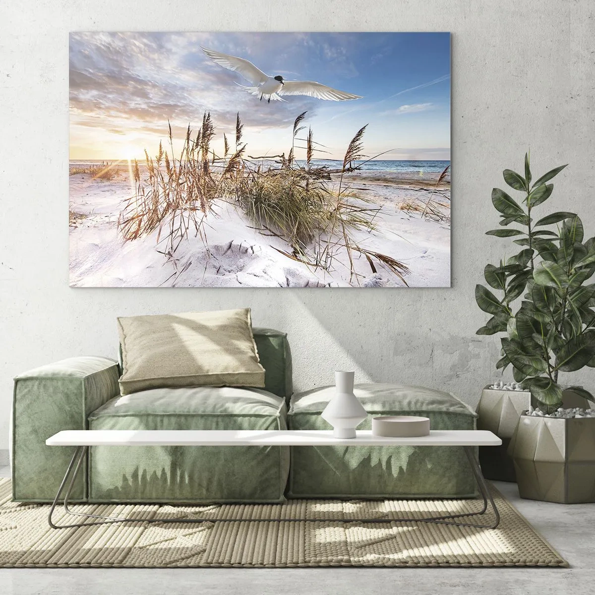 Quadro su vetro - Un uccello che vola sopra le dune al tramonto - 100x70cm - Vento dal mare - Decorazione murale moderna per soggiorno e camera da letto ARTTOR
