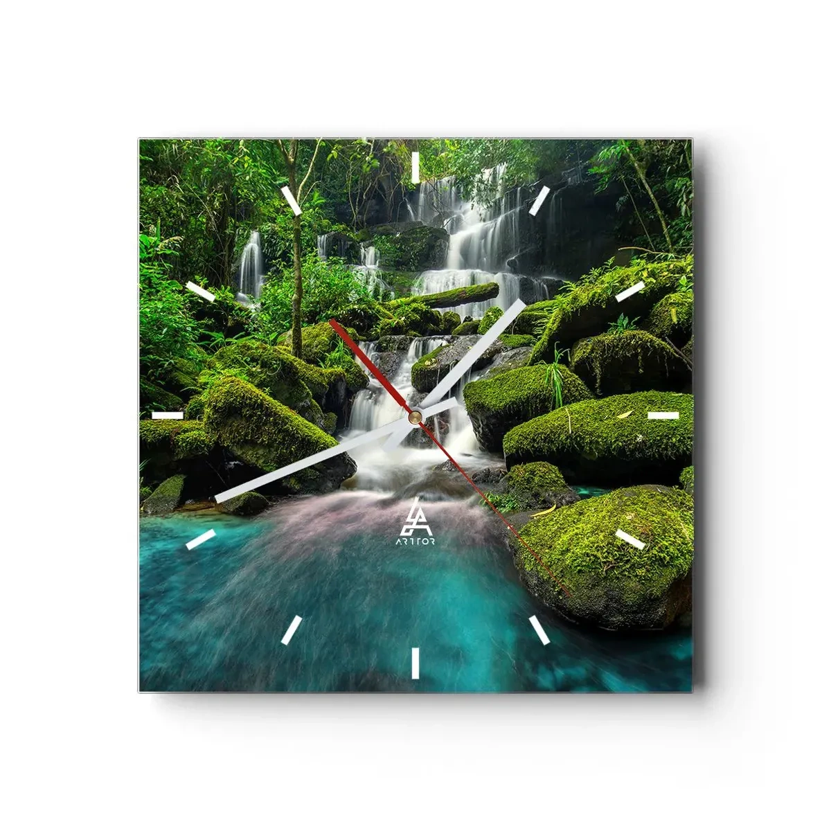Orologio da parete - Orologio in Vetro - Una cascata tropicale circondata dal verde e dall'acqua turchese - 30x30cm - Turchese, zaffiro e argento liquido - Decorazione murale moderna per soggiorno e camera da letto ARTTOR