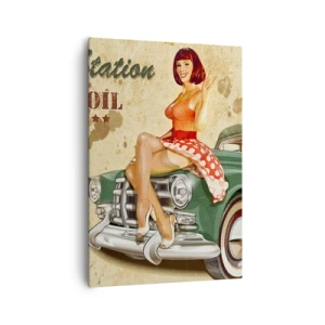 Quadro su tela - Stampe su Tela - Poster retrò della Route 66 con ragazza pin-up e macchina - 70x100cm - I fantastici anni '40 - Decorazione murale moderna per soggiorno e camera da letto ARTTOR
