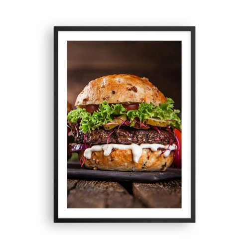 Poster in cornice nera - Appetitoso hamburger con verdure e salsa - 50x70cm - American dream - Decorazione murale moderna per soggiorno e camera da letto ARTTOR