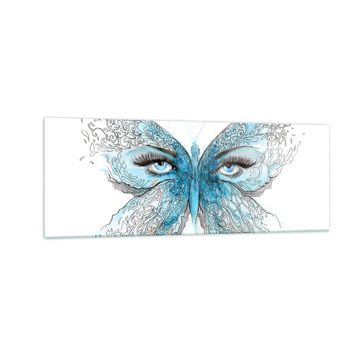 Quadro su vetro - Acquerello artistico di una farfalla con gli occhi azzurri - 140x50cm - Argo azzurro - Decorazione murale moderna per soggiorno e camera da letto ARTTOR