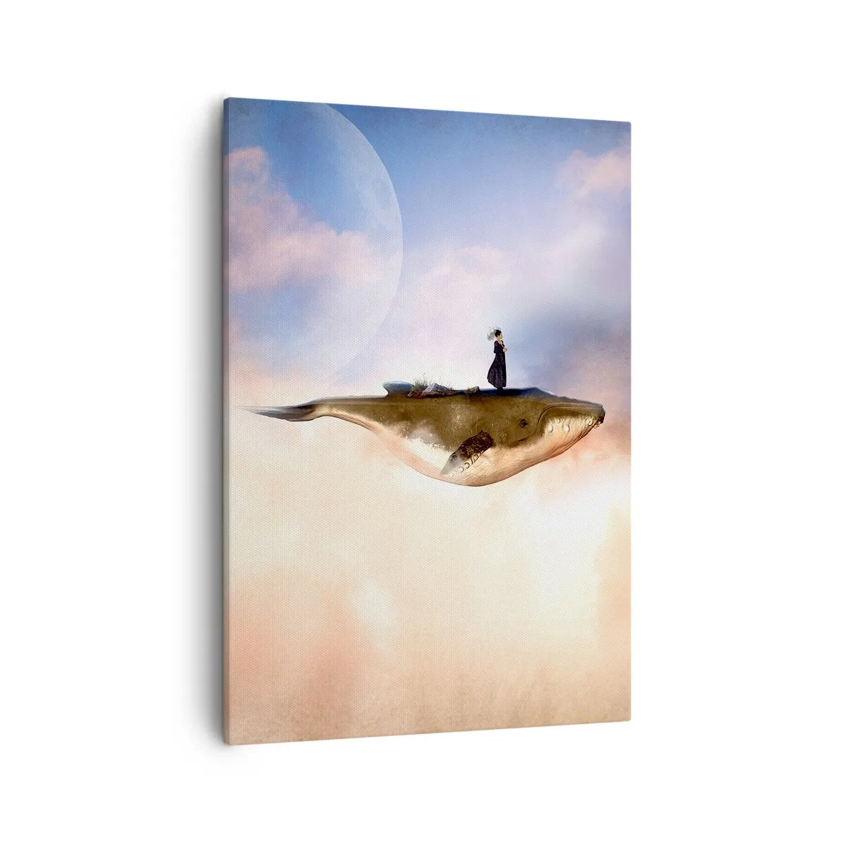 Quadro su tela - Stampe su Tela - Una scena fantastica di una donna su una balena tra le nuvole - 50x70cm - Viaggio surreale - Decorazione murale moderna per soggiorno e camera da letto ARTTOR