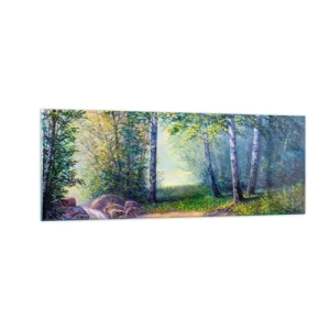 Quadro su vetro - Un ruscello nella foresta circondato da betulle e sole - 140x50cm - Scena di beatitudine - Decorazione murale moderna per soggiorno e camera da letto ARTTOR