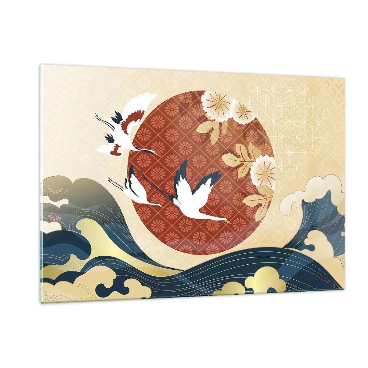 Quadro su vetro - Gru giapponesi sulle onde contro un cerchio rosso - 120x80cm - Favola giapponese - Decorazione murale moderna per soggiorno e camera da letto ARTTOR