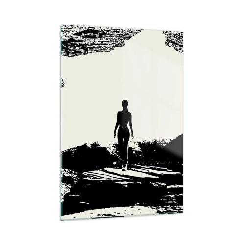 Quadro su vetro - Silhouette di una donna che emerge da una grotta in grafica in bianco e nero - 50x70cm - Un nuovo sguardo - Decorazione murale moderna per soggiorno e camera da letto ARTTOR