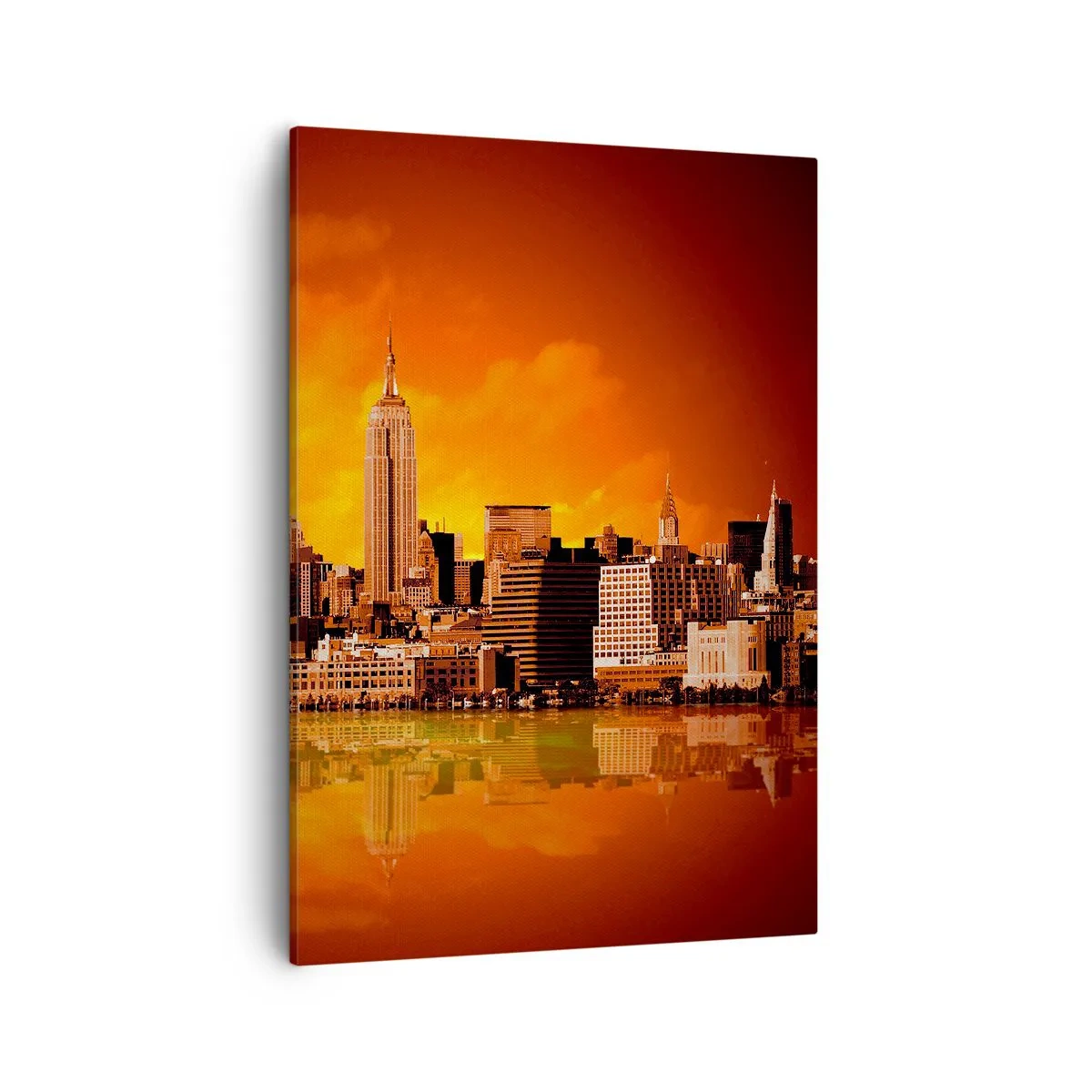 Quadro su tela - Stampe su Tela - Panorama della città al tramonto con gli edifici riflessi nell'acqua - 50x70cm - Panorama di grande città in giallo e marrone - Decorazione murale moderna per soggiorno e camera da letto ARTTOR