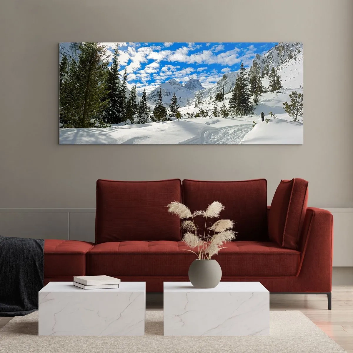 Quadro su vetro - Paesaggio montano invernale con foresta e sentiero nella neve - 120x50cm - Nella neve e nel sole - Decorazione murale moderna per soggiorno e camera da letto ARTTOR