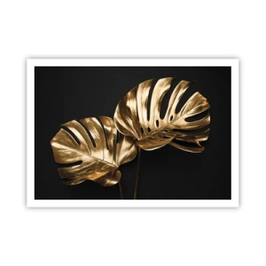 Poster - Foglie di monstera dorate su sfondo nero - 100x70cm - I tesori della natura - Decorazione murale moderna per soggiorno e camera da letto ARTTOR