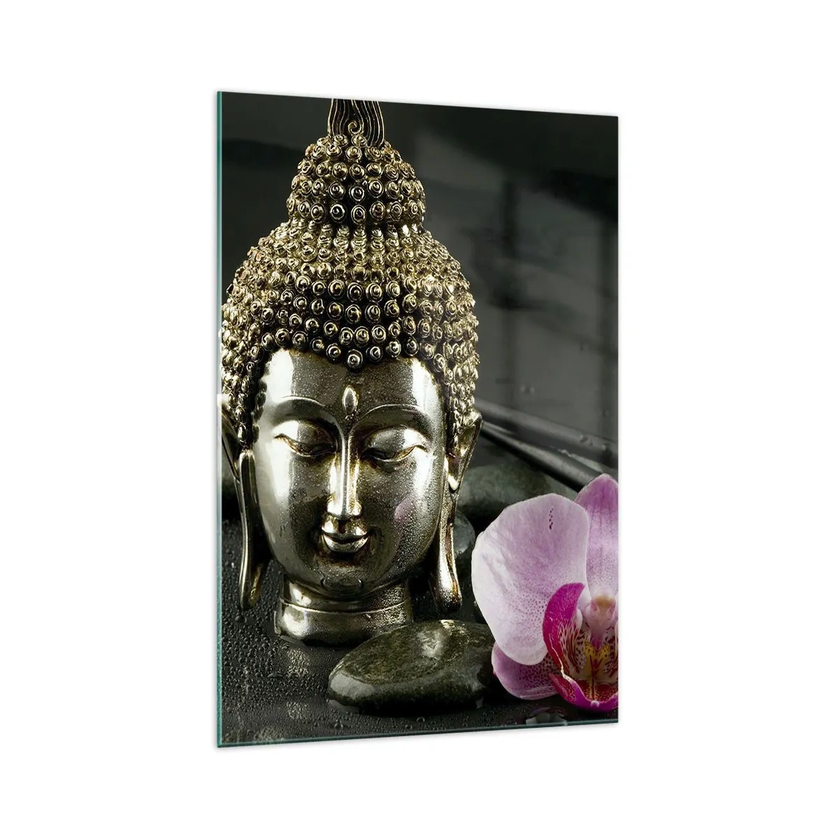 Quadro su vetro - Una statuetta di Buddha con un'orchidea e delle bacchette su uno sfondo di pietre - 70x100cm - Armonia di saggezza e bellezza - Decorazione murale moderna per soggiorno e camera da letto ARTTOR