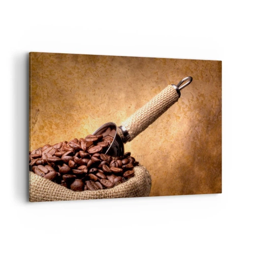 Quadro su tela - Stampe su Tela - Chicchi di caffè in un sacchetto di iuta con un cucchiaio di metallo - 120x80cm - Alla fonte del gusto - Decorazione murale moderna per soggiorno e camera da letto ARTTOR