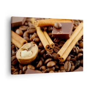 Quadro su tela - Stampe su Tela - Chicchi di caffè con bastoncini di cannella, cioccolato e noci. - 70x50cm - Concerto di sapori - Decorazione murale moderna per soggiorno e camera da letto ARTTOR