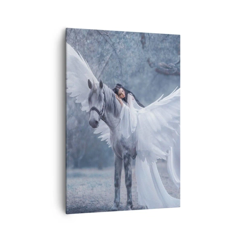 Quadro su tela - Stampe su Tela - Una donna su un cavallo bianco con le ali in una foresta magica - 70x100cm - Momento ispirato - Decorazione murale moderna per soggiorno e camera da letto ARTTOR