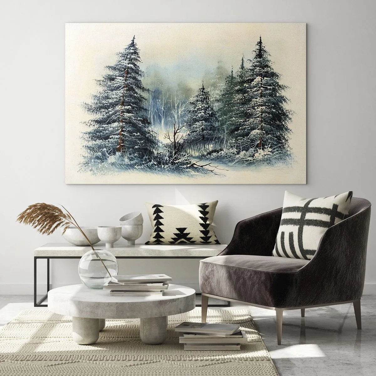 Quadro su vetro - Foresta invernale con alberi innevati contro il cielo - 70x50cm - Pronti al Natale - Decorazione murale moderna per soggiorno e camera da letto ARTTOR